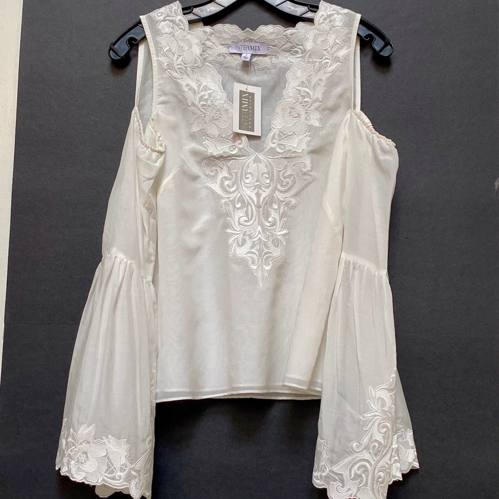 NWT INTERMIX Cold Shoulder V-Neck Embroidered Blouse